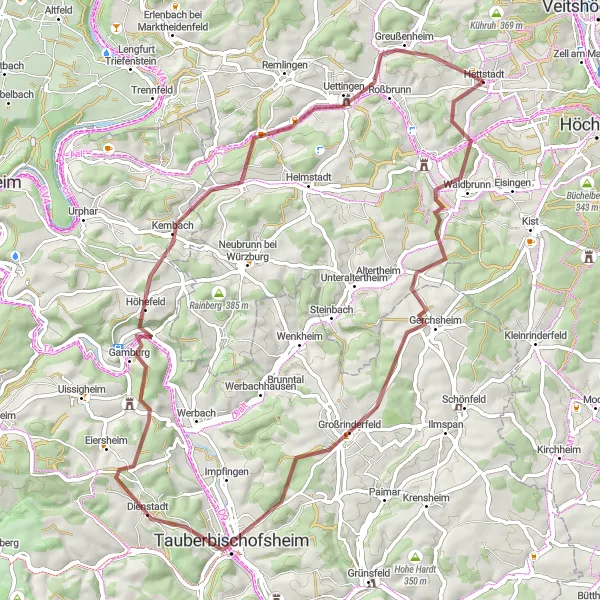 Karten-Miniaturansicht der Radinspiration "Gravel-Tour um Tauberbischofsheim" in Unterfranken, Germany. Erstellt vom Tarmacs.app-Routenplaner für Radtouren