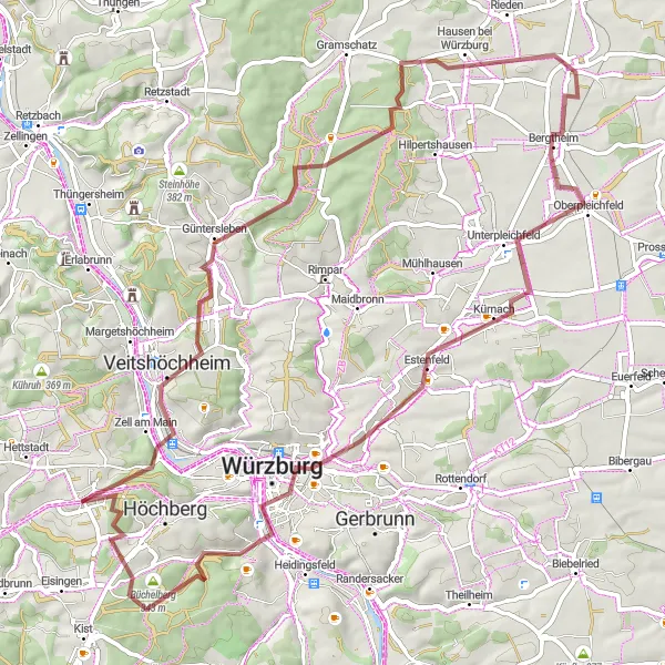 Karten-Miniaturansicht der Radinspiration "Würzburger Hügelgrat" in Unterfranken, Germany. Erstellt vom Tarmacs.app-Routenplaner für Radtouren
