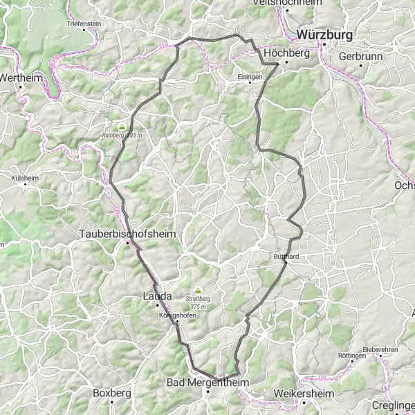 Karten-Miniaturansicht der Radinspiration "Roadtrip entlang historischer Ortschaften" in Unterfranken, Germany. Erstellt vom Tarmacs.app-Routenplaner für Radtouren