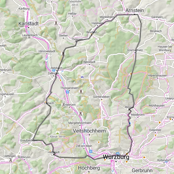 Karten-Miniaturansicht der Radinspiration "Straßenradtour um Würzburg" in Unterfranken, Germany. Erstellt vom Tarmacs.app-Routenplaner für Radtouren