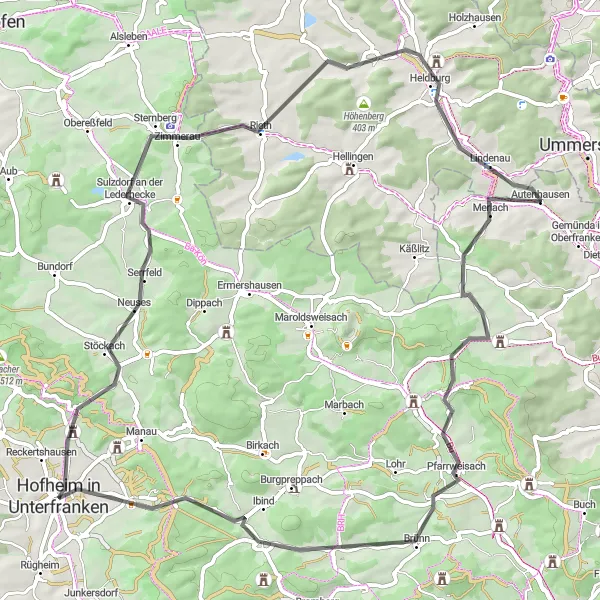 Karten-Miniaturansicht der Radinspiration "Sulzdorf - Hessberg Radweg" in Unterfranken, Germany. Erstellt vom Tarmacs.app-Routenplaner für Radtouren