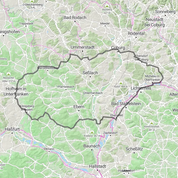 Karten-Miniaturansicht der Radinspiration "Durch die fränkische Landschaft nach Hofheim" in Unterfranken, Germany. Erstellt vom Tarmacs.app-Routenplaner für Radtouren