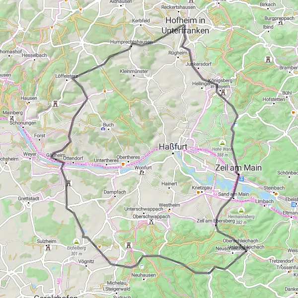 Karten-Miniaturansicht der Radinspiration "Hofheimer Hügelrunde" in Unterfranken, Germany. Erstellt vom Tarmacs.app-Routenplaner für Radtouren