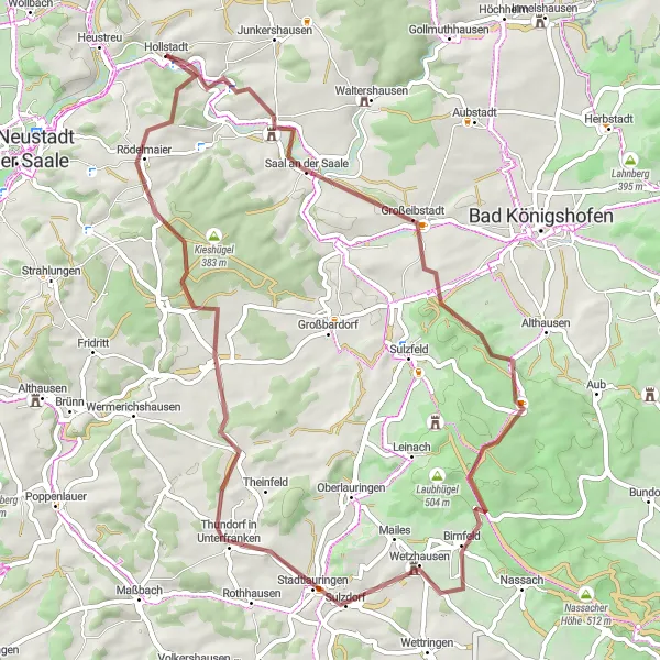 Map miniature of "Hollstadt and Beyond Gravel Ride" cycling inspiration in Unterfranken, Germany. Generated by Tarmacs.app cycling route planner