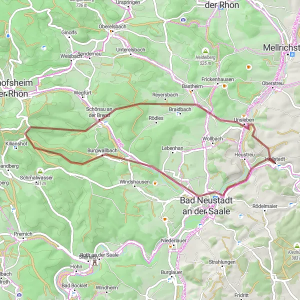 Karten-Miniaturansicht der Radinspiration "Rundtour durch Bad Neustadt und Bastheim" in Unterfranken, Germany. Erstellt vom Tarmacs.app-Routenplaner für Radtouren