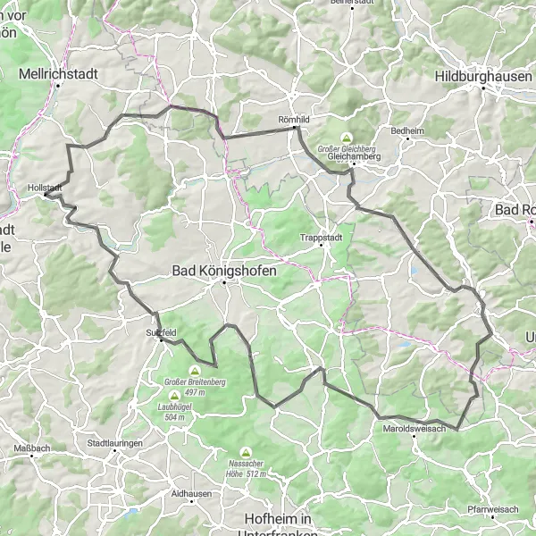 Map miniature of "Idyllic Road Cycling Tour - Behrungen to Kleineibstadt" cycling inspiration in Unterfranken, Germany. Generated by Tarmacs.app cycling route planner