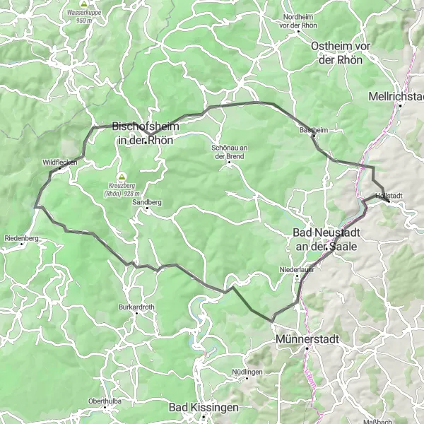 Karten-Miniaturansicht der Radinspiration "Rhön-Rundweg durch Natur und Geschichte" in Unterfranken, Germany. Erstellt vom Tarmacs.app-Routenplaner für Radtouren