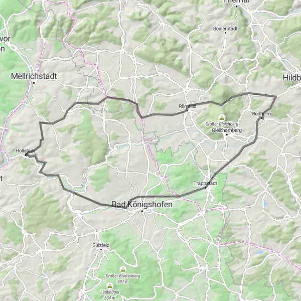 Map miniature of "The Green Hills of Hollstadt" cycling inspiration in Unterfranken, Germany. Generated by Tarmacs.app cycling route planner