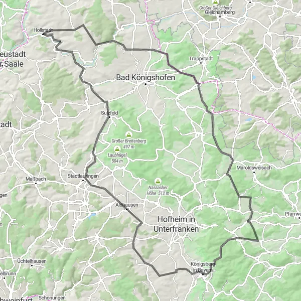 Karten-Miniaturansicht der Radinspiration "Bayernturm und Stadtlauringen Runde" in Unterfranken, Germany. Erstellt vom Tarmacs.app-Routenplaner für Radtouren