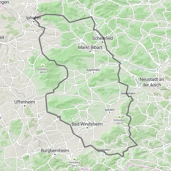 Karten-Miniaturansicht der Radinspiration "Weinberge und Hügel rund um Iphofen" in Unterfranken, Germany. Erstellt vom Tarmacs.app-Routenplaner für Radtouren
