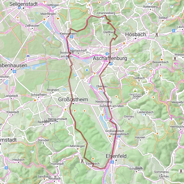 Map miniature of "Glattbach - Bischberg - Elsenfeld - Großostheim - Stockstadt am Main - Königsstein" cycling inspiration in Unterfranken, Germany. Generated by Tarmacs.app cycling route planner
