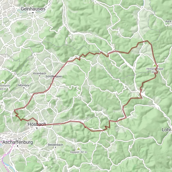 Map miniature of "Hasselberg - Blankenbach - Edelbach - Flörsbacher Höhe - Hermannskoppe - Frammersbach - Bösbornkopf - Laufach - Hösbach - Grauer Stein" cycling inspiration in Unterfranken, Germany. Generated by Tarmacs.app cycling route planner