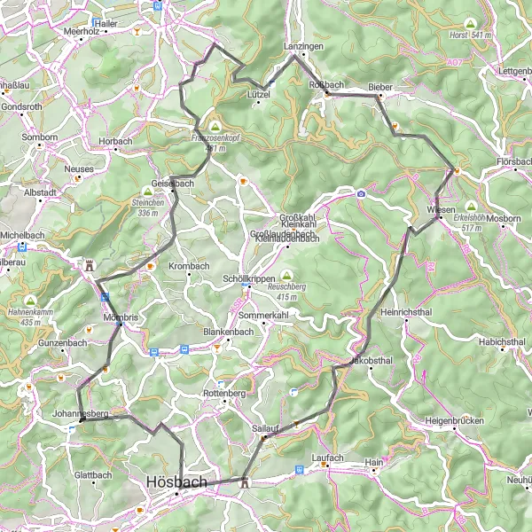 Map miniature of "Glasberg - Mömbris - Geiselbach - Franzosenkopf - Raue Heil - Wiesen - Steigkoppe - Hösbach" cycling inspiration in Unterfranken, Germany. Generated by Tarmacs.app cycling route planner