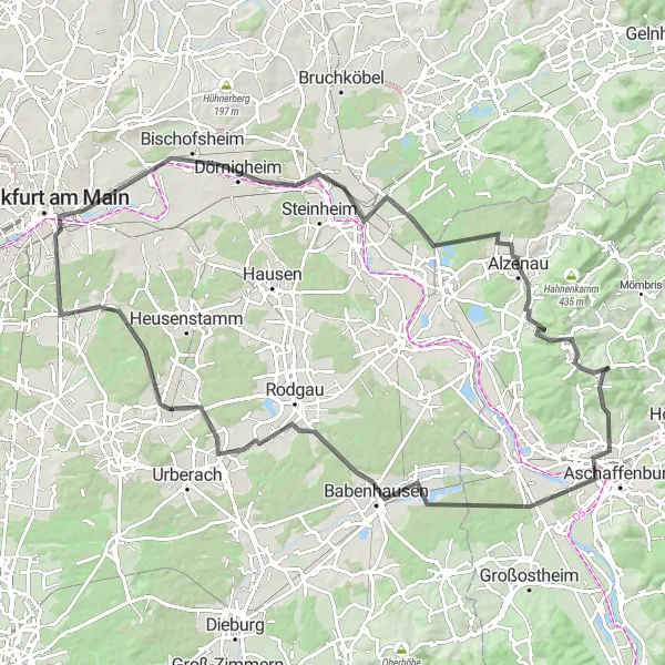 Karten-Miniaturansicht der Radinspiration "100 km Runde über Hanau und Alzenau" in Unterfranken, Germany. Erstellt vom Tarmacs.app-Routenplaner für Radtouren