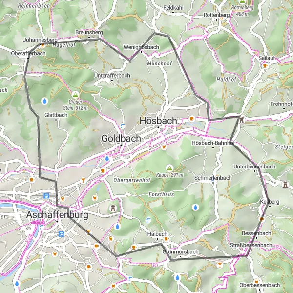 Map miniature of "Johannesberg Loop" cycling inspiration in Unterfranken, Germany. Generated by Tarmacs.app cycling route planner