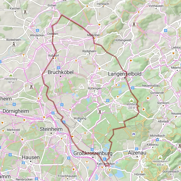 Map miniature of "Spectacular Gravel Cycling Route near Kahl am Main" cycling inspiration in Unterfranken, Germany. Generated by Tarmacs.app cycling route planner