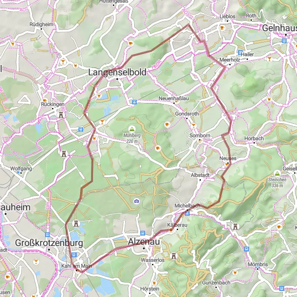 Map miniature of "Gravel Cycling Route in Kahl am Main" cycling inspiration in Unterfranken, Germany. Generated by Tarmacs.app cycling route planner