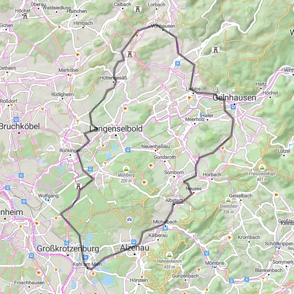 Map miniature of "Scenic Road Cycling Route in Kahl am Main" cycling inspiration in Unterfranken, Germany. Generated by Tarmacs.app cycling route planner