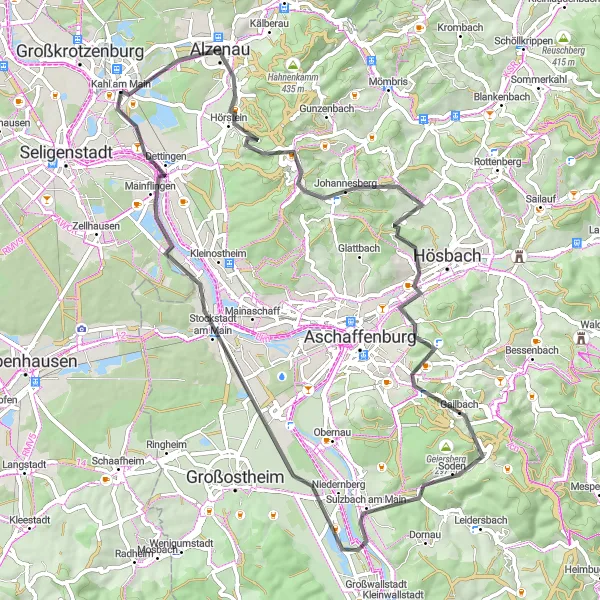 Map miniature of "Challenging Road Cycling Route in Kahl am Main" cycling inspiration in Unterfranken, Germany. Generated by Tarmacs.app cycling route planner