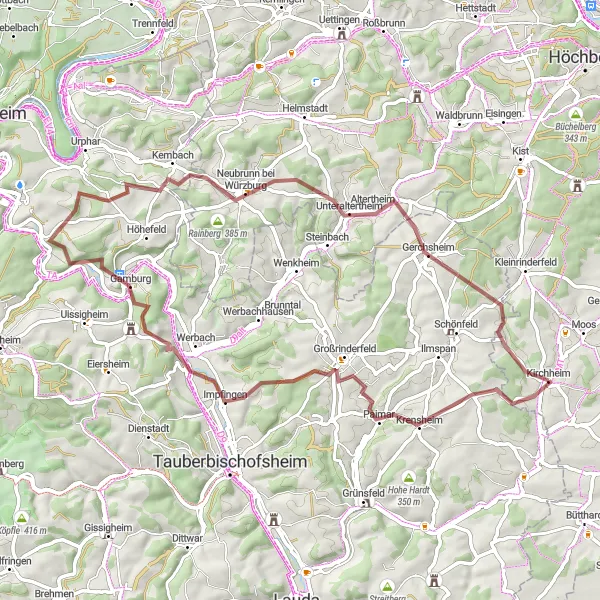 Map miniature of "Hilltops and Woodlands Gravel Expedition" cycling inspiration in Unterfranken, Germany. Generated by Tarmacs.app cycling route planner