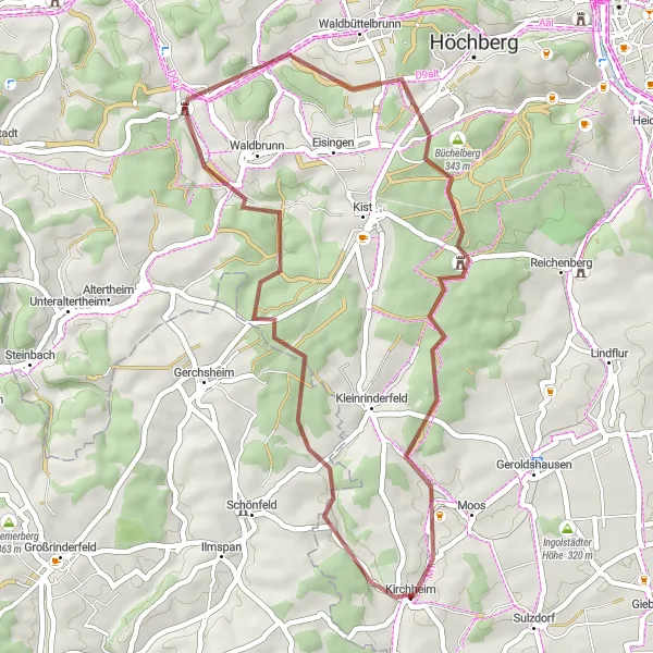 Karten-Miniaturansicht der Radinspiration "Rund um Kirchheim mit Schutzhütte und Burgruine Guttenberg" in Unterfranken, Germany. Erstellt vom Tarmacs.app-Routenplaner für Radtouren