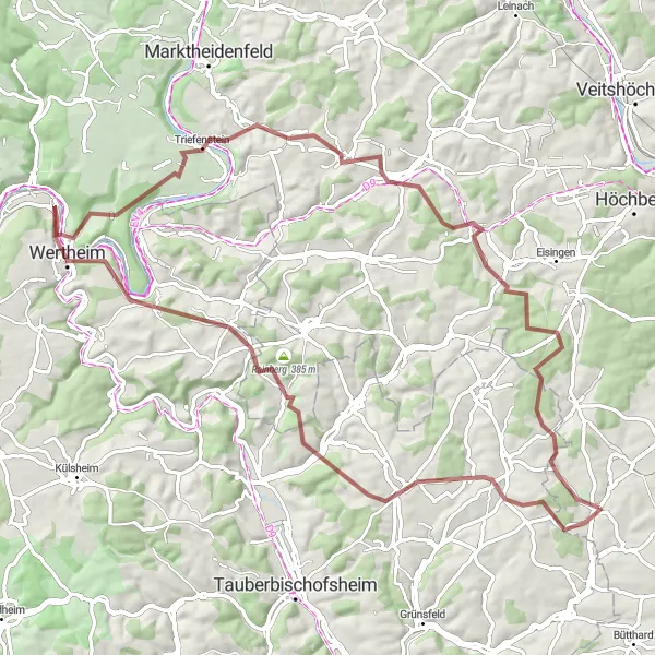 Map miniature of "Main River and Forests Gravel Tour" cycling inspiration in Unterfranken, Germany. Generated by Tarmacs.app cycling route planner