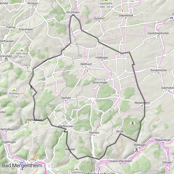 Karten-Miniaturansicht der Radinspiration "Radtour durch Gaubüttelbrunn und Röttingen" in Unterfranken, Germany. Erstellt vom Tarmacs.app-Routenplaner für Radtouren