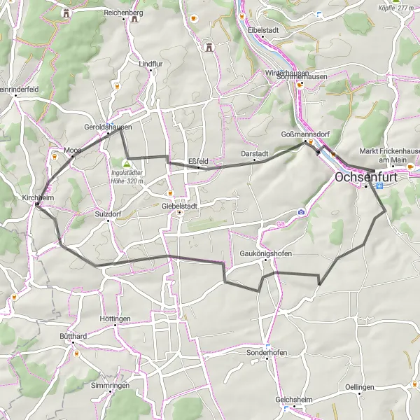 Map miniature of "Geroldshausen and Ochsenfurt Road Cycling Route" cycling inspiration in Unterfranken, Germany. Generated by Tarmacs.app cycling route planner