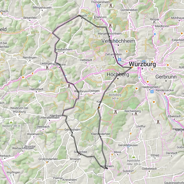Map miniature of "Gerchsheim and Margetshöchheim Road Cycling Route" cycling inspiration in Unterfranken, Germany. Generated by Tarmacs.app cycling route planner