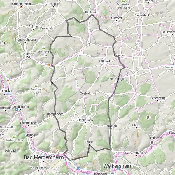 Map miniature of "Gaubüttelbrunn and Hof Uhlberg Road Cycling Route" cycling inspiration in Unterfranken, Germany. Generated by Tarmacs.app cycling route planner