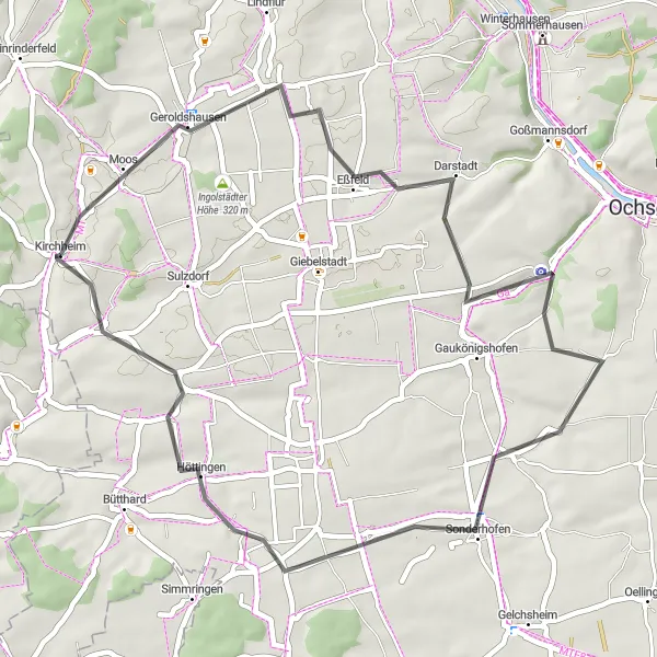 Karten-Miniaturansicht der Radinspiration "Rund um Kirchheim auf der Straße" in Unterfranken, Germany. Erstellt vom Tarmacs.app-Routenplaner für Radtouren