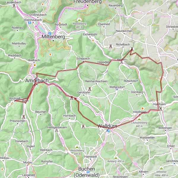 Map miniature of "Scenic Gravel Tour through Amorbach" cycling inspiration in Unterfranken, Germany. Generated by Tarmacs.app cycling route planner