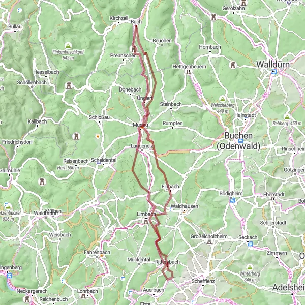 Map miniature of "Unterfranken Gravel Adventure" cycling inspiration in Unterfranken, Germany. Generated by Tarmacs.app cycling route planner