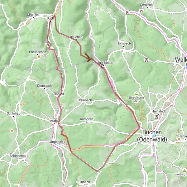 Map miniature of "Gravel Cycling Adventure in the Heart of Unterfranken" cycling inspiration in Unterfranken, Germany. Generated by Tarmacs.app cycling route planner