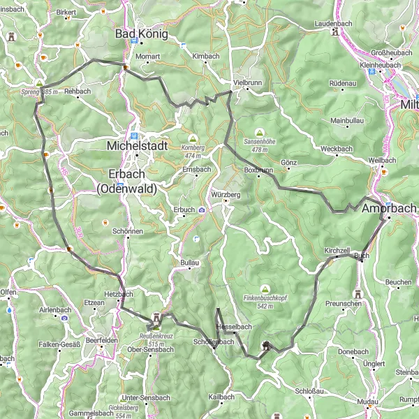 Map miniature of "Challenging Road Tour via Amorbach" cycling inspiration in Unterfranken, Germany. Generated by Tarmacs.app cycling route planner