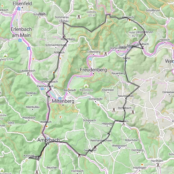 Karten-Miniaturansicht der Radinspiration "Road-Tour durch den Odenwald" in Unterfranken, Germany. Erstellt vom Tarmacs.app-Routenplaner für Radtouren