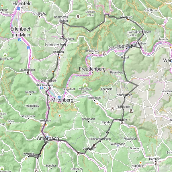 Map miniature of "Unterfranken Road Explorer" cycling inspiration in Unterfranken, Germany. Generated by Tarmacs.app cycling route planner