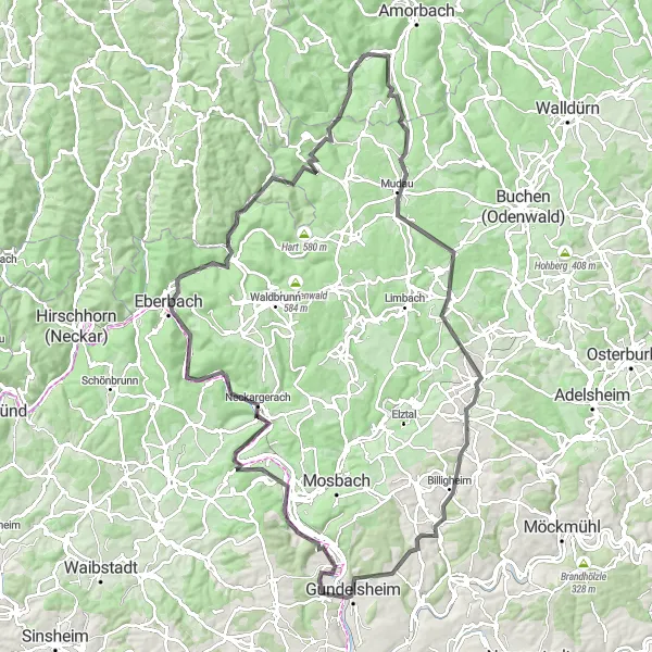 Map miniature of "Challenging Road Cycling Tour of Odenwald" cycling inspiration in Unterfranken, Germany. Generated by Tarmacs.app cycling route planner