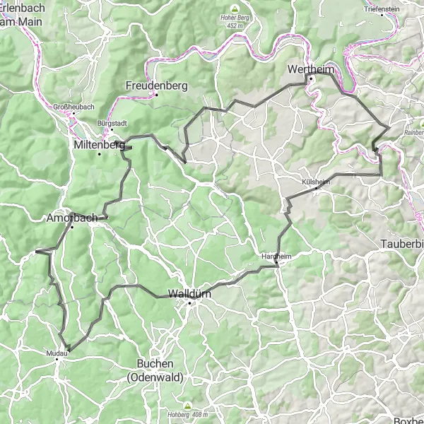 Karten-Miniaturansicht der Radinspiration "Kurvenreiche Tour durch den Odenwald" in Unterfranken, Germany. Erstellt vom Tarmacs.app-Routenplaner für Radtouren