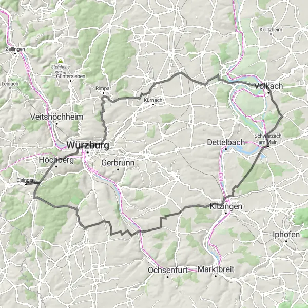 Karten-Miniaturansicht der Radinspiration "Würzburg-Schwarzach-Route" in Unterfranken, Germany. Erstellt vom Tarmacs.app-Routenplaner für Radtouren