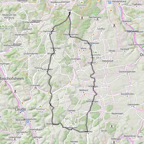 Karten-Miniaturansicht der Radinspiration "Schlösser und Weinberge Tour" in Unterfranken, Germany. Erstellt vom Tarmacs.app-Routenplaner für Radtouren