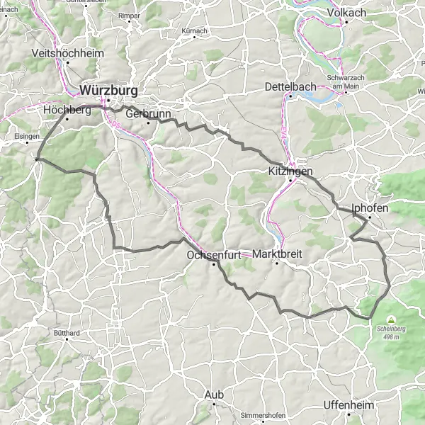 Karten-Miniaturansicht der Radinspiration "Historische Orte und Aussichtspunkte" in Unterfranken, Germany. Erstellt vom Tarmacs.app-Routenplaner für Radtouren