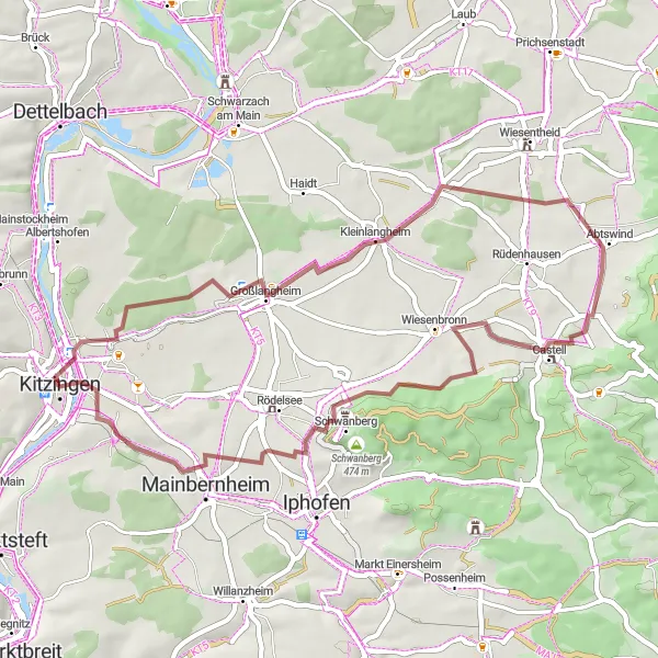 Map miniature of "Winterhafendamm Gravel Loop" cycling inspiration in Unterfranken, Germany. Generated by Tarmacs.app cycling route planner