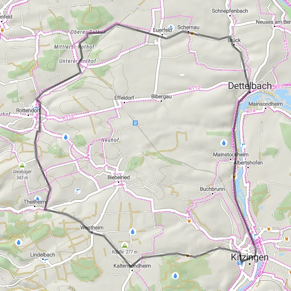 Map miniature of "Kitzingen Countryside Ride" cycling inspiration in Unterfranken, Germany. Generated by Tarmacs.app cycling route planner