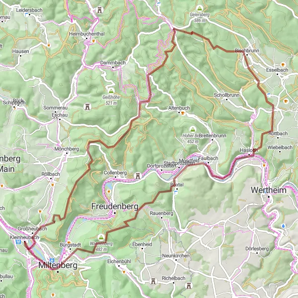 Map miniature of "Gravel Adventure in Kleinheubach" cycling inspiration in Unterfranken, Germany. Generated by Tarmacs.app cycling route planner