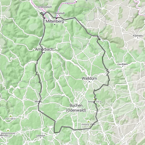 Karten-Miniaturansicht der Radinspiration "Rundfahrt durch den Odenwald von Kleinheubach" in Unterfranken, Germany. Erstellt vom Tarmacs.app-Routenplaner für Radtouren