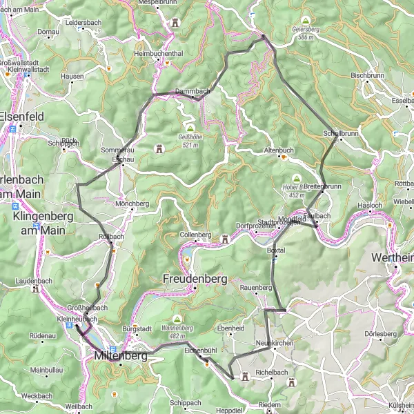 Map miniature of "Road route through Eschau and Miltenberg" cycling inspiration in Unterfranken, Germany. Generated by Tarmacs.app cycling route planner