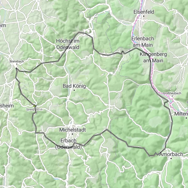 Map miniature of "Road route around Kleinheubach" cycling inspiration in Unterfranken, Germany. Generated by Tarmacs.app cycling route planner