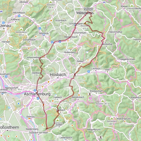 Map miniature of "Kleinkahl Gravel Adventure" cycling inspiration in Unterfranken, Germany. Generated by Tarmacs.app cycling route planner