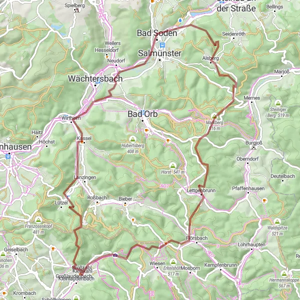 Map miniature of "Großkahl Adventure" cycling inspiration in Unterfranken, Germany. Generated by Tarmacs.app cycling route planner